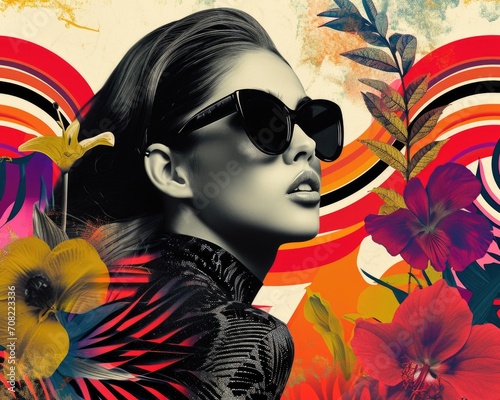 Brunette retro lady in dark sunglasses with white rims