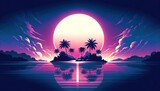 Beautiful tropical island with palm trees at sunset. Illustration.