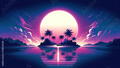 Beautiful tropical island with palm trees at sunset. Illustration.