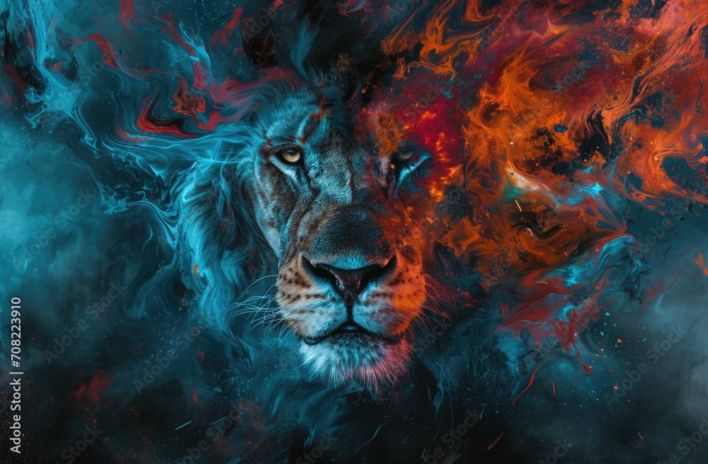Colorful painting of a lion with creative abstract elements as background - obrazy, fototapety, plakaty 