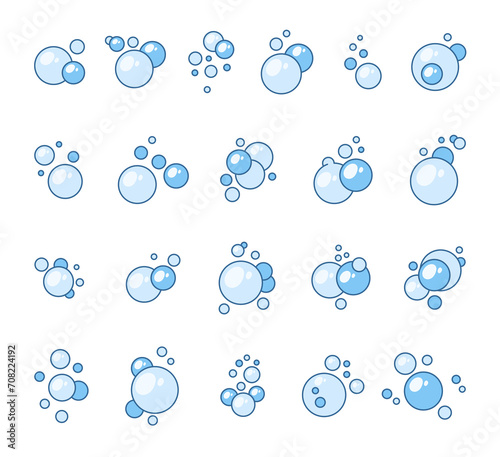 Flying soap bubbles shapes. Bath, shampoo, shaving. Hand drawn style. Vector drawing. Collection of design elements.