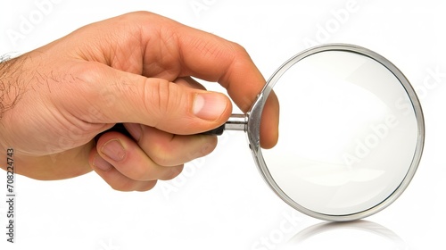 Detailed close up of a human hand holding a magnifying glass, isolated on a pure white background