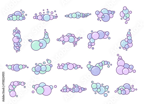 Soap foam set with bubbles. Suds of bath, shampoo, shaving, mousse. Cloudy frame and corner. Hand drawn style. Vector drawing. Collection of design elements.