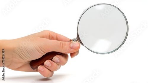 Detailed close up of a human hand with a magnifying glass, isolated on a pristine white background