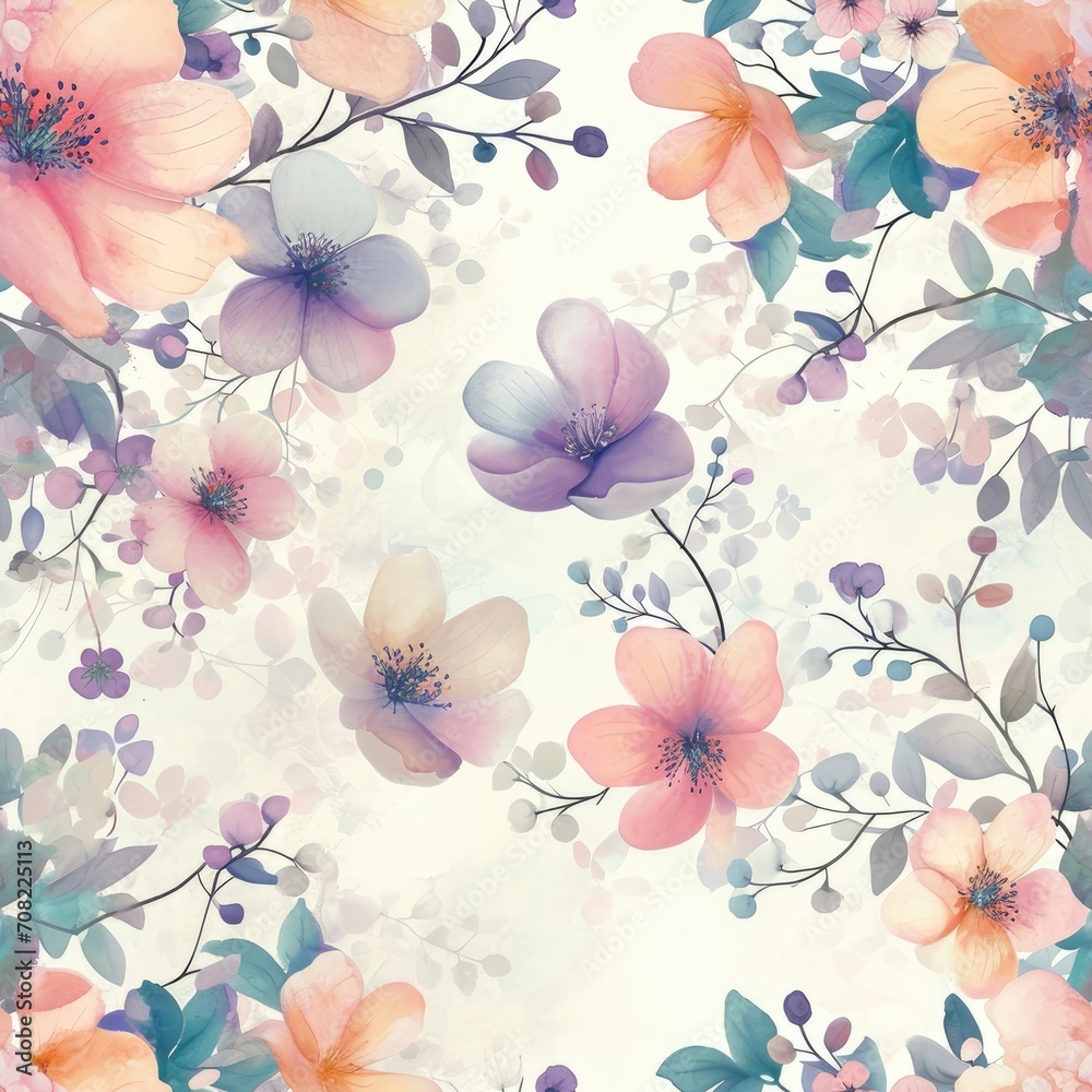 Seamless floral watercolor pattern, colorful flowers on a pastel background