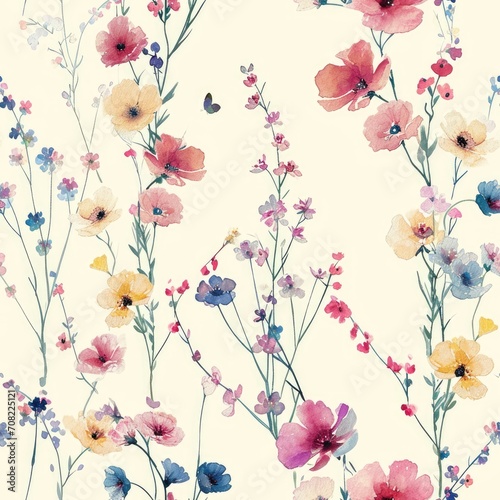 Seamless floral watercolor pattern, colorful flowers on a pastel yellow background © Georgina Burrows