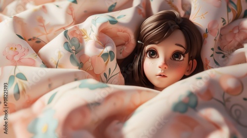 Cartoon digital avatars of a young girl, snuggled under a cozy quilt with playful designs and soft pastel tones. photo
