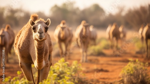 In the dusty plains of the arid landscape  camels graze peacefully on the sprawling farms  their long necks reaching for scarce vegetation. These farms serve as the life of the community 