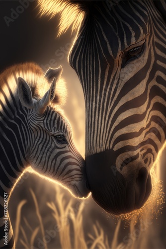 A mom and baby zebra nuzzling in the sun.  photo