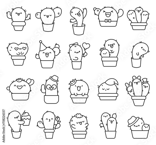 Cute kawaii cactus. Coloring Page. Funny succulent plant with happy face. Hand drawn style. Vector drawing. Collection of design elements.