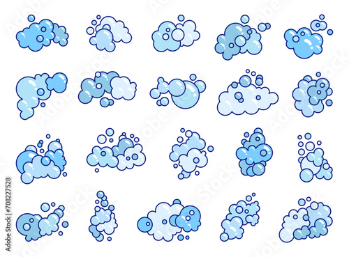 Foam made of soap or clouds. Bubbles of different shapes. Hand drawn style. Vector drawing. Collection of design elements.