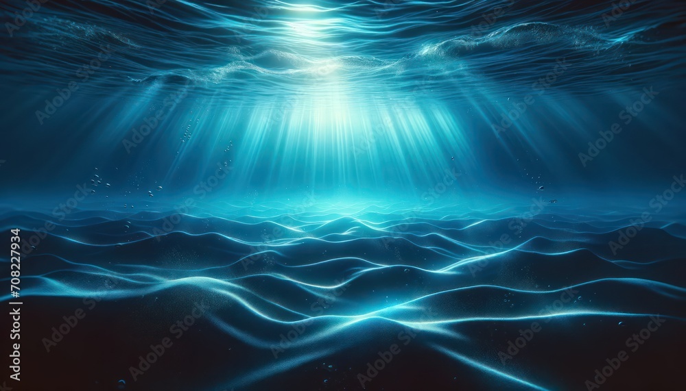 Fototapeta premium Underwater scene with light rays and wavesinside the ocean