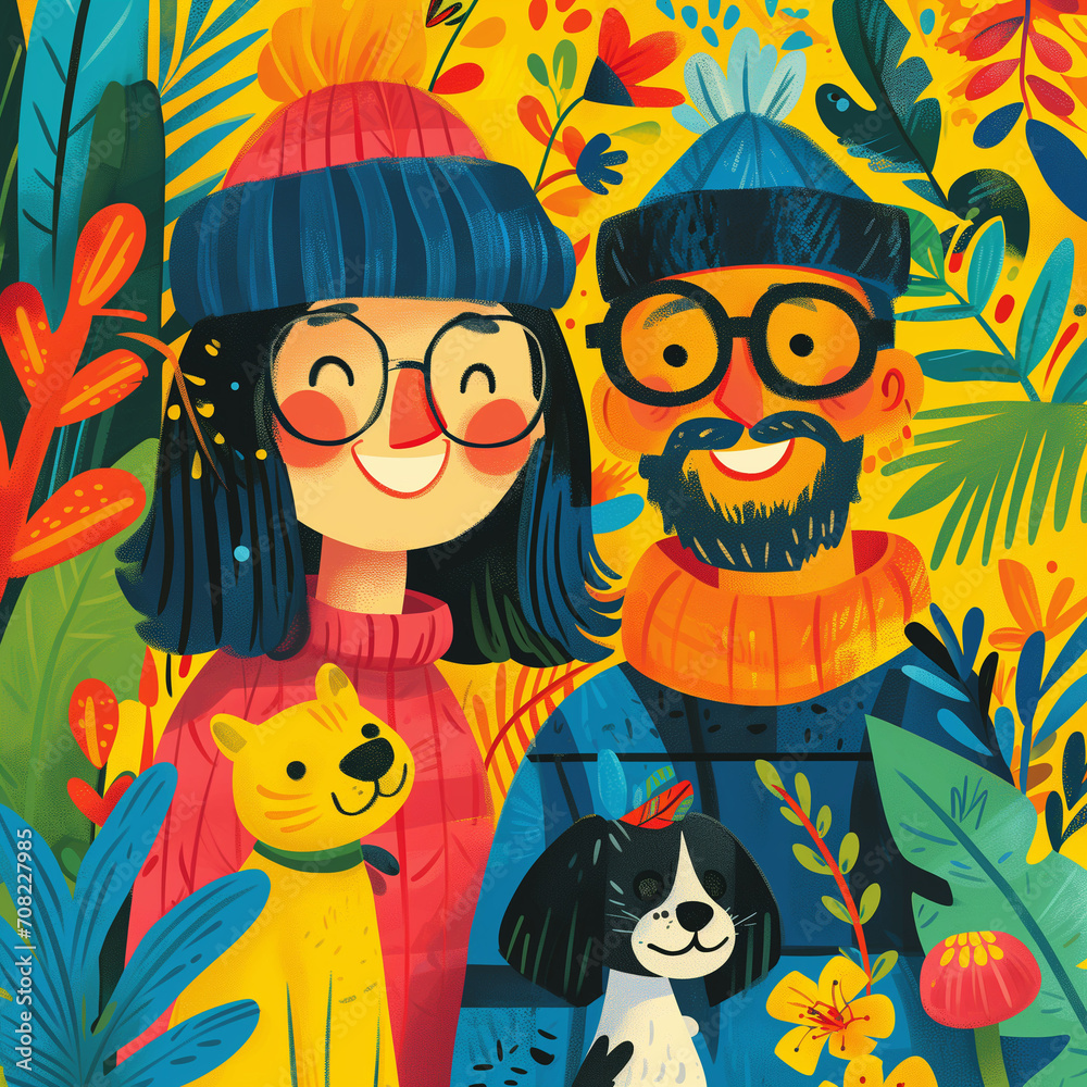 Bright and cheerful illustration depicting people playing with pets Bright and cheerful illustration depicting people playing with pets