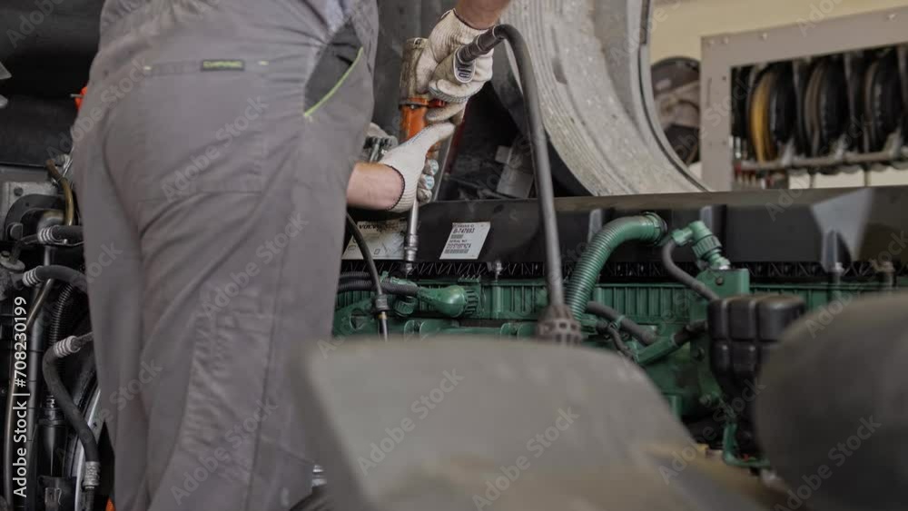 Professional auto mechanic unscrews bolts from a valve cover using an air gun on a truck engine for diagnosis and repair. Professional auto mechanic unscrews bolts from a valve cover using an air gun on a truck engine for diagnosis and repair.