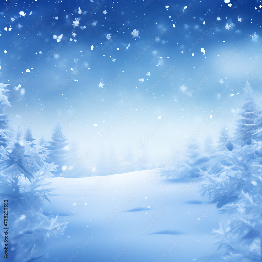 Christmas tree in snow landscape background