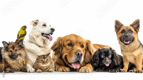Group of pets leaning together on a empty web banner to place text. AI Generative © Witri