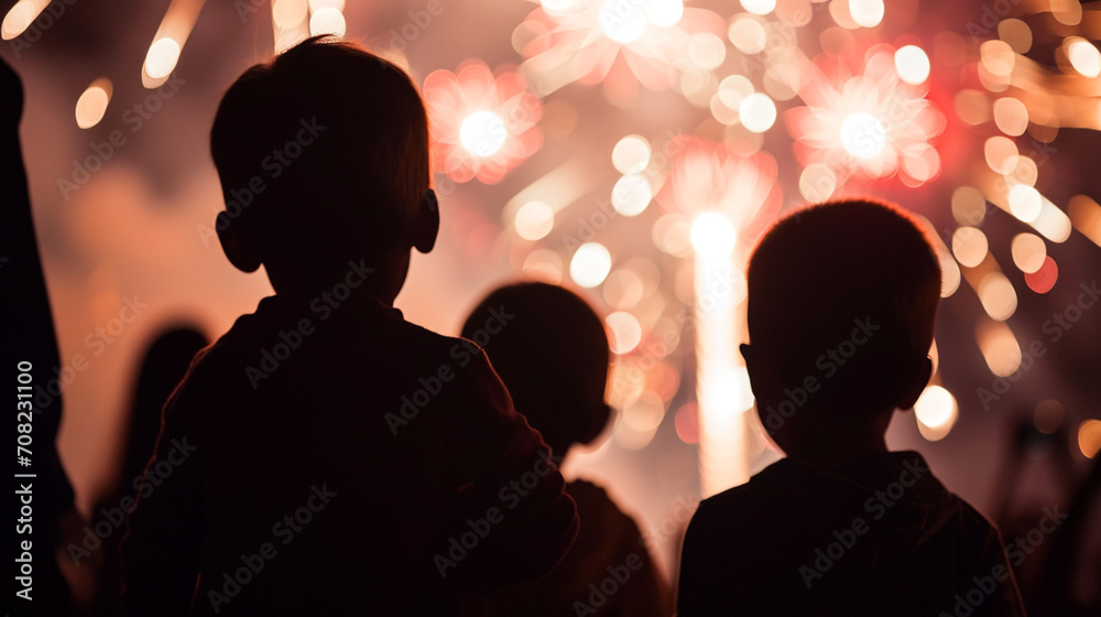 silhouettes of young boys watching fireworks. AI Generative
