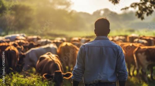 A farmer checking on a herd of cattle that have been selectively bred for higher immunity to common diseases, leading to higher productivity and sustainability.