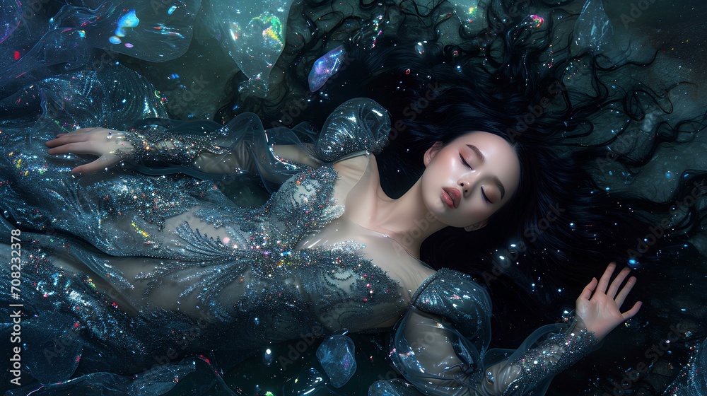 Φωτογραφία stained glass, a dreamy beautiful asian girl, relaxed, pearlescent colors and reflection, faded modern enchanting photography