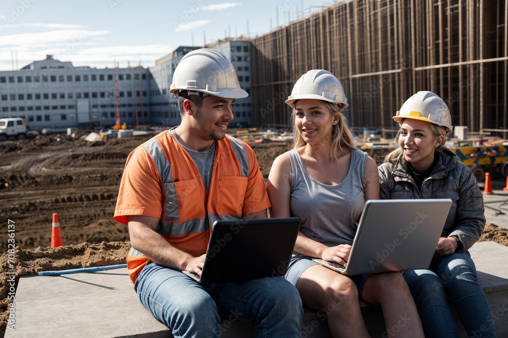 two construction workers discussing and training a colleague to collaborate on large housing project two construction workers discussing and training a colleague to collaborate on large housing project