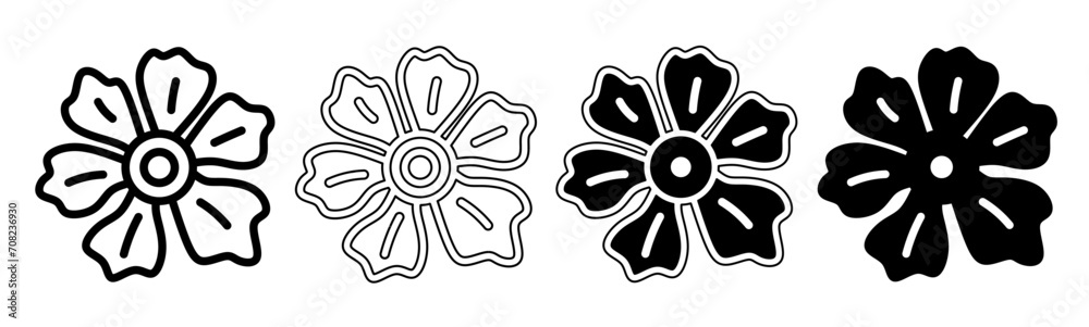 Black and white illustration of a flower. Flower icon collection with line. Stock vector illustration. Black and white illustration of a flower. Flower icon collection with line. Stock vector illustration.