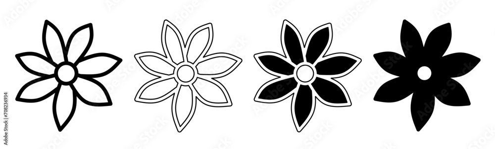 Black and white illustration of a flower. Flower icon collection with line. Stock vector illustration. Black and white illustration of a flower. Flower icon collection with line. Stock vector illustration.