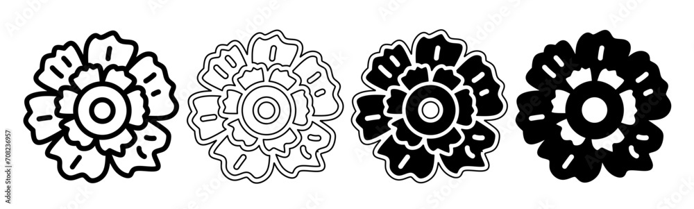 Black and white illustration of a flower. Flower icon collection with line. Stock vector illustration. Black and white illustration of a flower. Flower icon collection with line. Stock vector illustration.