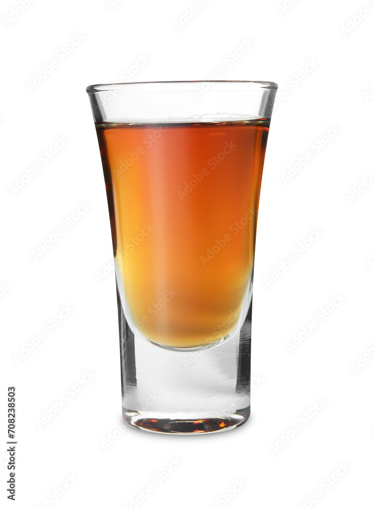 Shot glass with tasty amaretto liqueur isolated on white Shot glass with tasty amaretto liqueur isolated on white