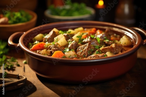 A visual masterpiece of a lamb stew unfolds in this photo, where tender lamb chunks are gently simmered alongside an assortment of root vegetables, resulting in a visually striking and soulful