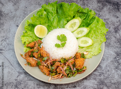 Spicy chicken salad with rice, Thai style food