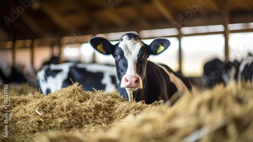 In a bustling barn, a cow enjoys a fresh bed of straw, made from the carefully composted manure of her fellow herd mates, as part of the farms sustainable manure management system.