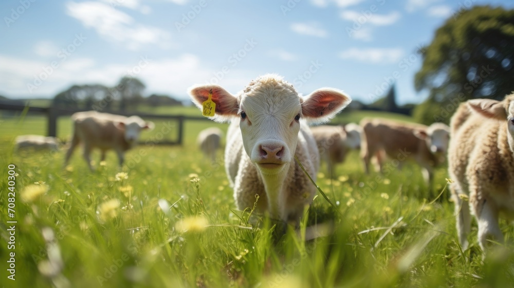 Obraz premium A group of happy, healthy animals grazing on lush green pasture, illustrating the symbiotic relationship between sustainable farming and animal welfare.