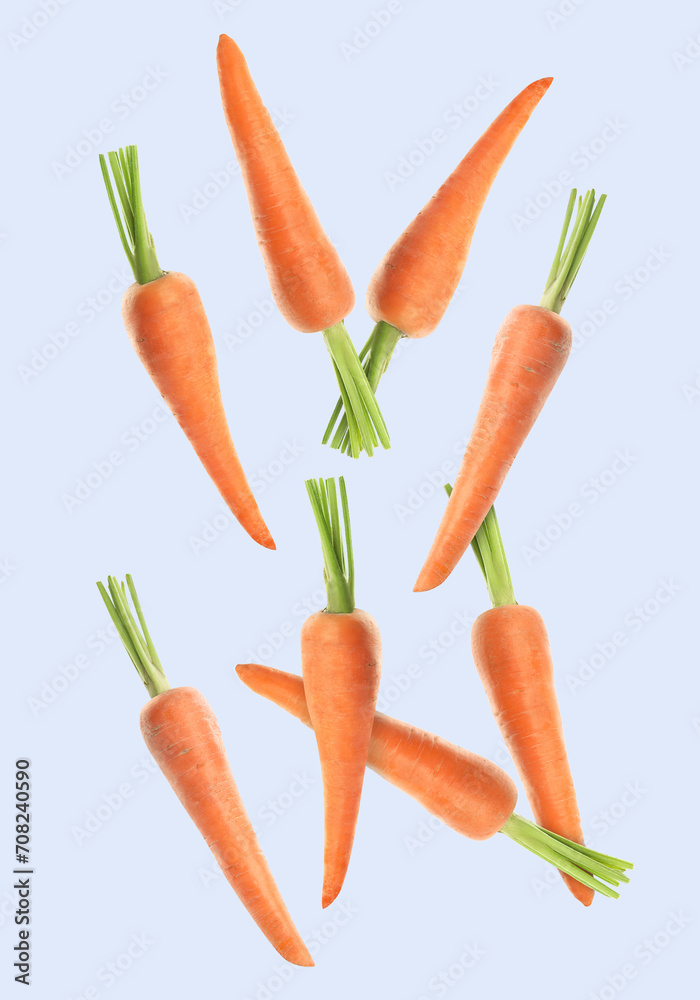 Fresh ripe carrots falling on light blue background Fresh ripe carrots falling on light blue background