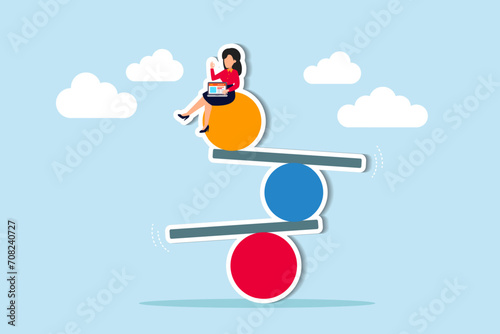 Work life balance, equality or weight between working for money and life happiness, health, success and healthy lifestyle concept, woman working with computer laptop while balance on equilibrium.