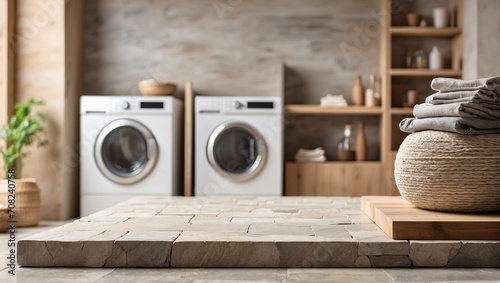 stone podium with blurred background of modern laundry room