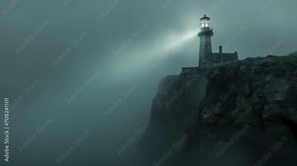 A ghostly lighthouse standing on a desolate cliff