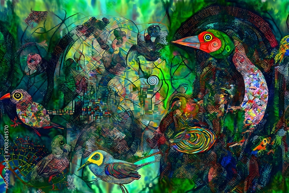 an intricate and detailed geometric quantum algorithmic design of parrots and other tropical animals in a lush jungle with light rain and waterfalls by Jackson Pollock using algorithmic geometry and