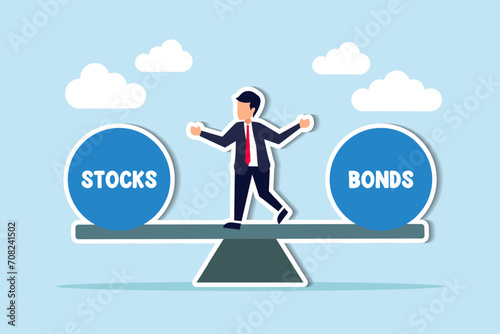 Stocks vs bonds in investment asset allocation, risk assessment portfolio or expected return in long term mutual funds, pension fund concept, businessman investor balance on stocks and bonds seesaw.