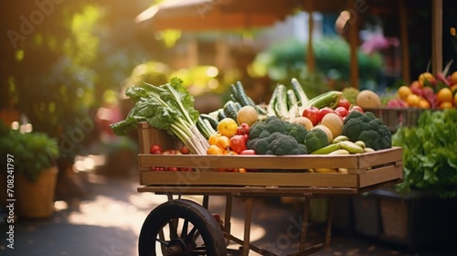 In a bustling marketplace, a cart full of colorful produce catches the eye each item grown and harvested using holistic, biodynamic practices. photo