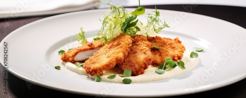 The impeccable presentation of the Chicken Schnitzel showcases the chefs attention to detail, with each piece expertly pounded thin and evenly coated for an ideal bite.