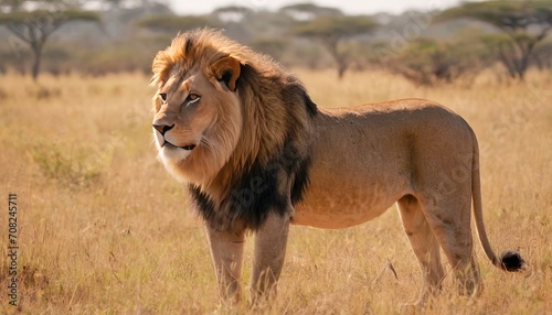 Male lion walking if african landscape