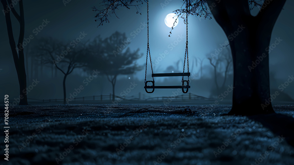 A moonlit night with a solitary swing - obrazy, fototapety, plakaty 