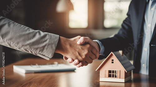 Real estate agent shaking hands with customer after signing contract for buying house. photo
