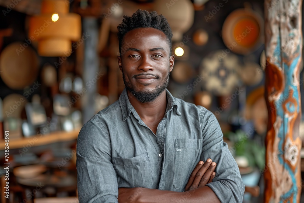 Fototapeta premium Close-up corporate portrait of a young black man looking at the camera 