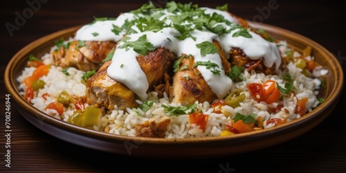 A mouthwatering plate of maqluba, a savory upsidedown rice dish layered with tender pieces of chicken, fried vegetables, and aromatic es, served with a side of tangy yogurt.