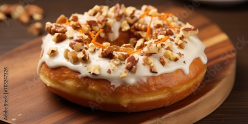 A delightful image showcasing a carrot cake donut, freshly glazed and adorned with a sprinkling of crushed walnuts. The donuts exterior is golden and slightly crispy, while the inside is