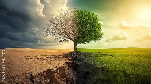 Agricultural areas are changing from green to barren land due to global warming, Climate Chane, Generative Ai