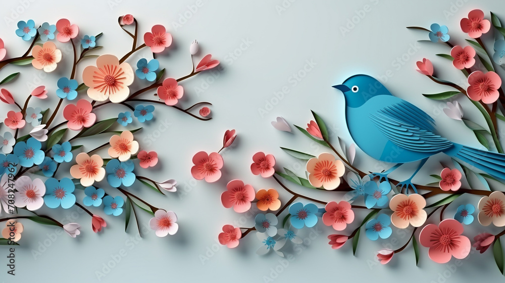 Blue bird and spring flowers on blue background. 3D illustration. Blue bird and spring flowers on blue background. 3D illustration.