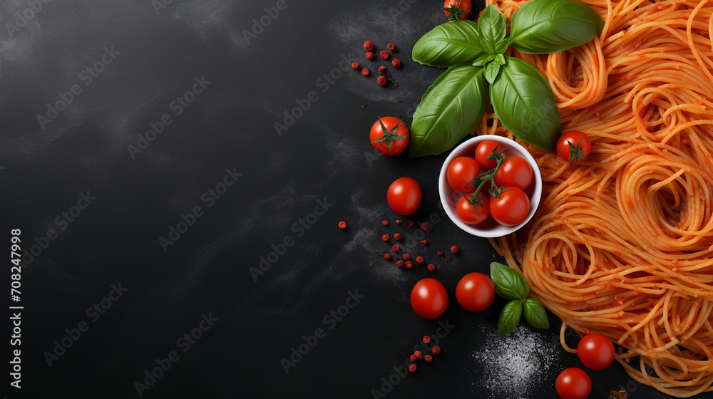 Spaghetti with tomatoes, basil and spices on a black background.