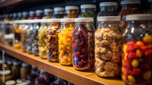 A grocery store shelf displays a selection of products made from embryofarmed animals, but a lack of sales and untouched merchandise reflect the disinterest of consumers towards purchasing